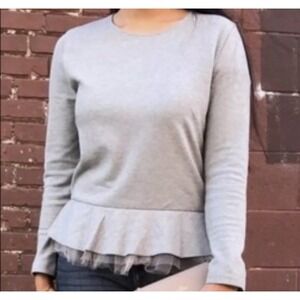 J Crew Sweater Womens Large Tulle Ruffle Hem Peplum Gray Pullover Preppy EUC